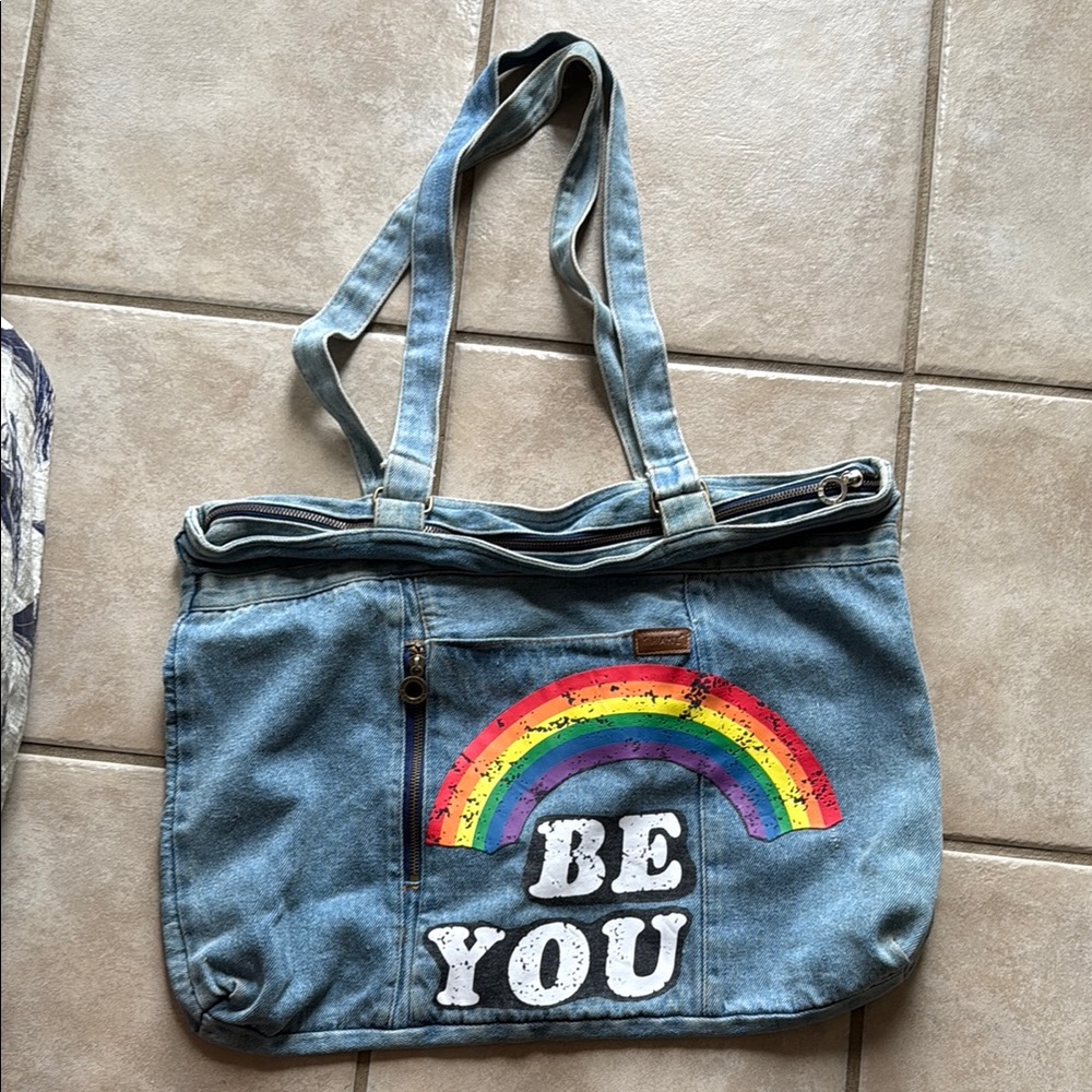 Shane Be You Denim Tote Bag with Rainbow Design